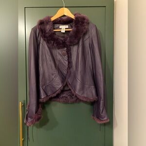 Newport News Dark Purple Leather Jacket with Fur Trim